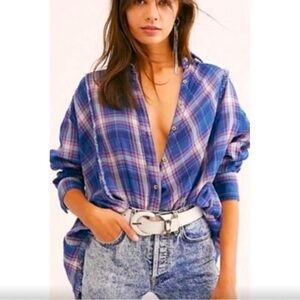 New Free People / WE THE FREE Seeking Starlight Small Blue Pink Buttondown Top